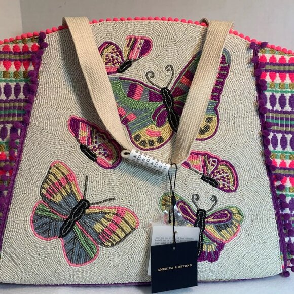 America & Beyond Rosebloom Butterfly Beaded Zip Tote Bag Handbag Pink Cream NEW - Picture 9 of 9